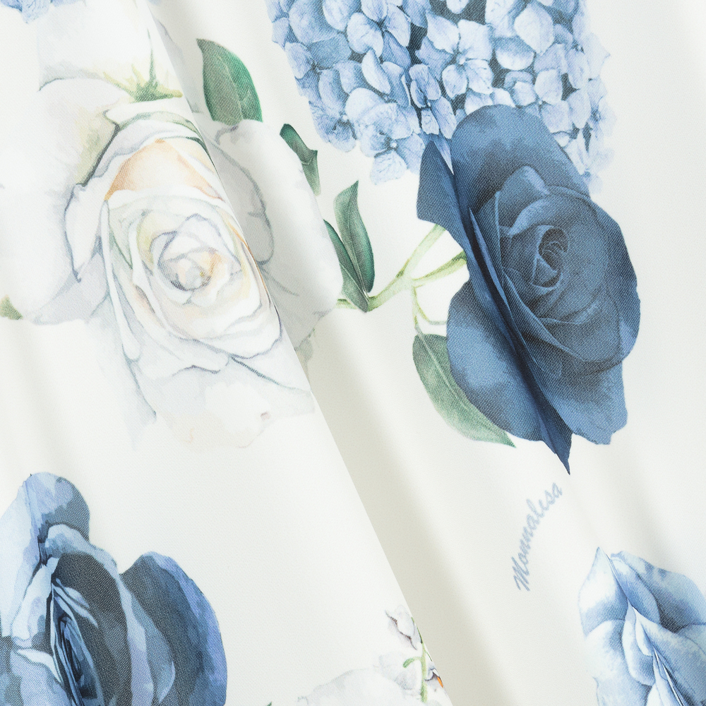 Monnalisa Chic-فستان كريب لون أزرق وعاجي بطبعة ورود | Childrensalon Outlet