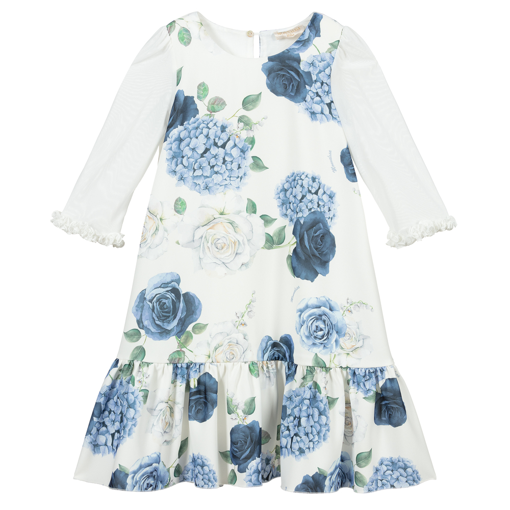 Monnalisa Chic - Kleid mit Hortensienmuster in Blau und Elfenbein | Childrensalon