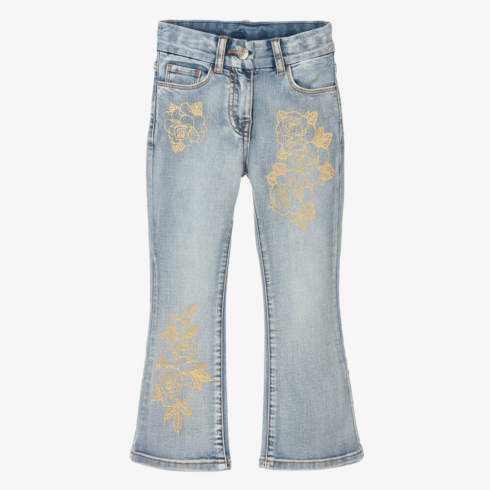 Monnalisa Chic - Blue Jeans with Gold Roses | Childrensalon Outlet