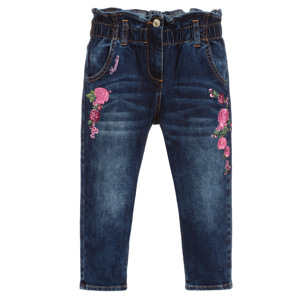 Monnalisa - Blue & Pink Embroidered Jeans | Childrensalon