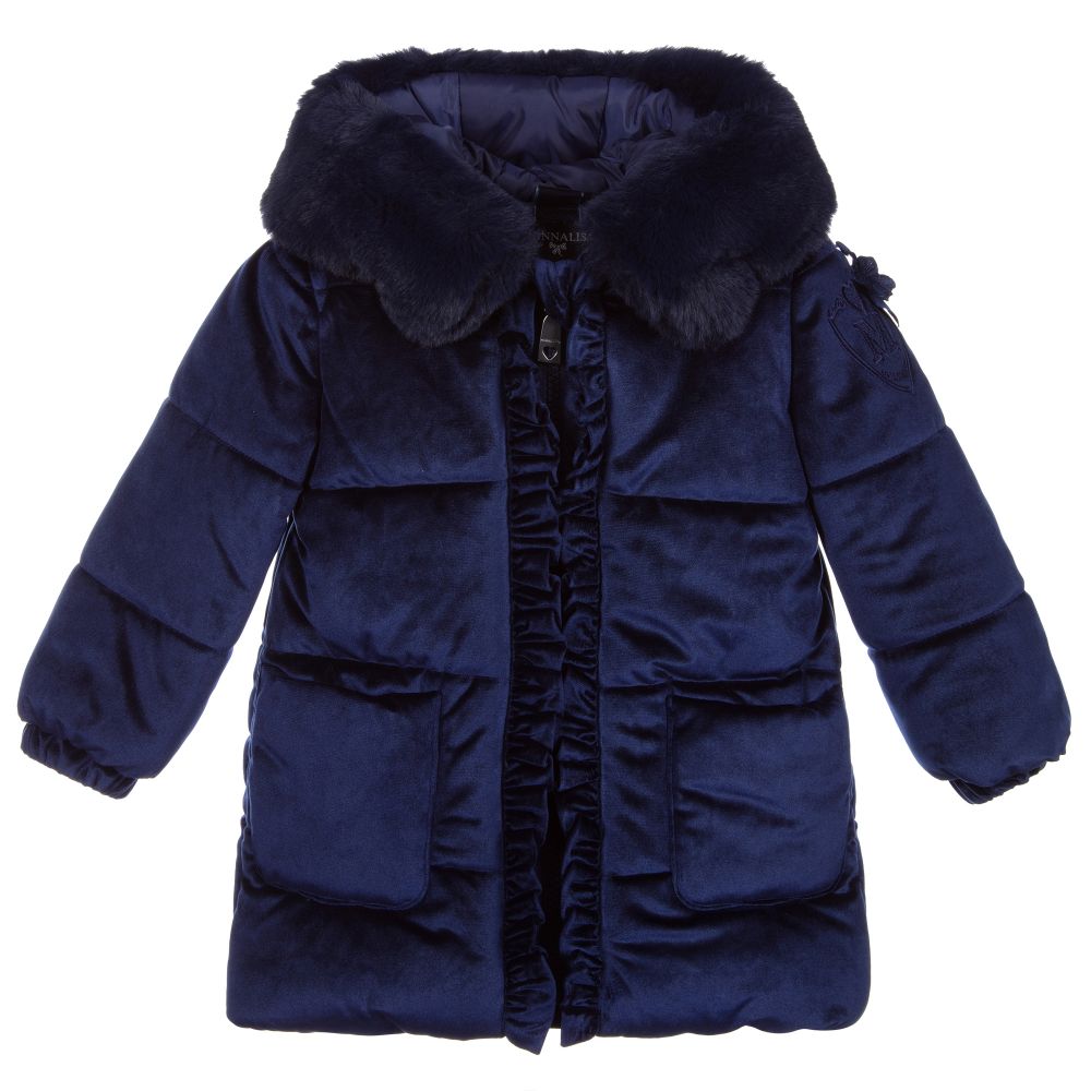 Monnalisa - Blue Velour Puffer Coat | Childrensalon