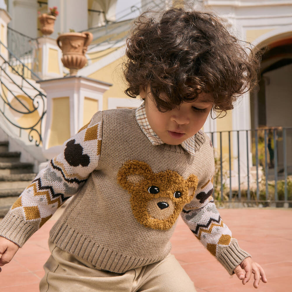 Monnalisa-Бежевый вязаный пуловер с медведем для мальчиков | Childrensalon Outlet