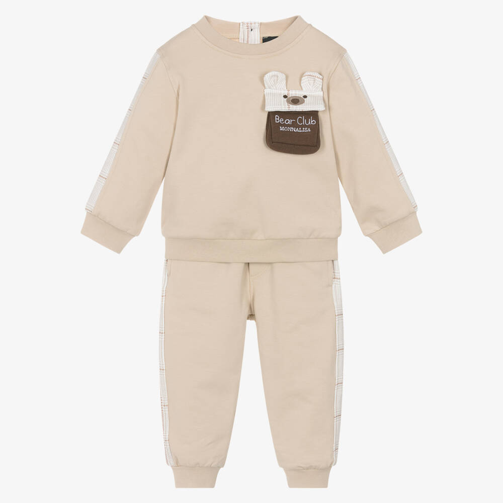 Monnalisa-Boys Beige Cotton Bear Club Tracksuit | Childrensalon Outlet