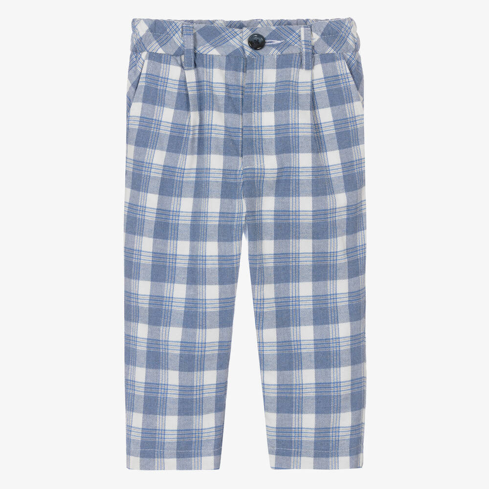 Monnalisa - Boys Blue Checked Cotton Trousers | Childrensalon