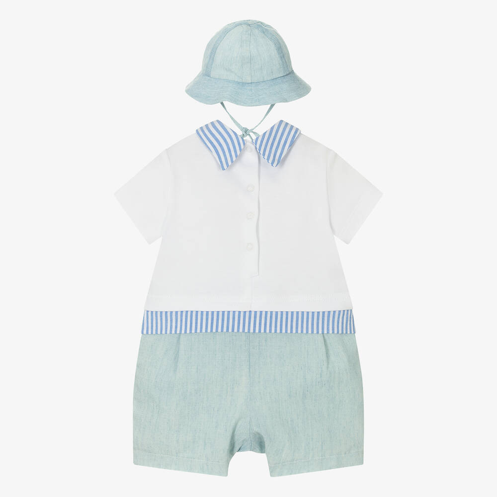 Monnalisa-طقم بِدلة أوفرول قطن وكتان لون أزرق وأبيض | Childrensalon Outlet