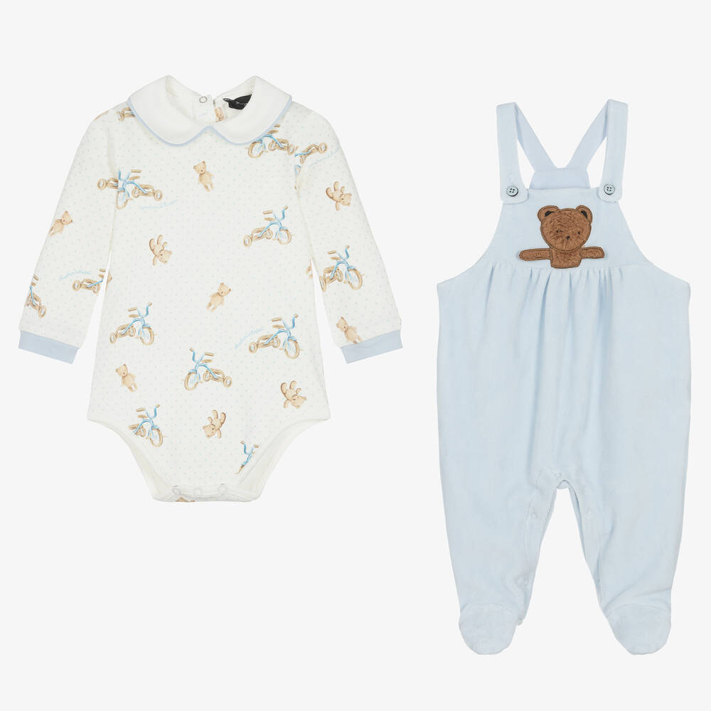 Monnalisa-طقم أفرول بيبي غرو دانغري قطن وقطيفة لون أزرق | Childrensalon Outlet