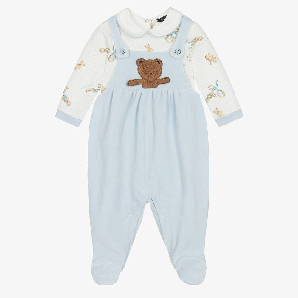 Monnalisa - Boys Blue Dungaree Babygrow Set | Childrensalon