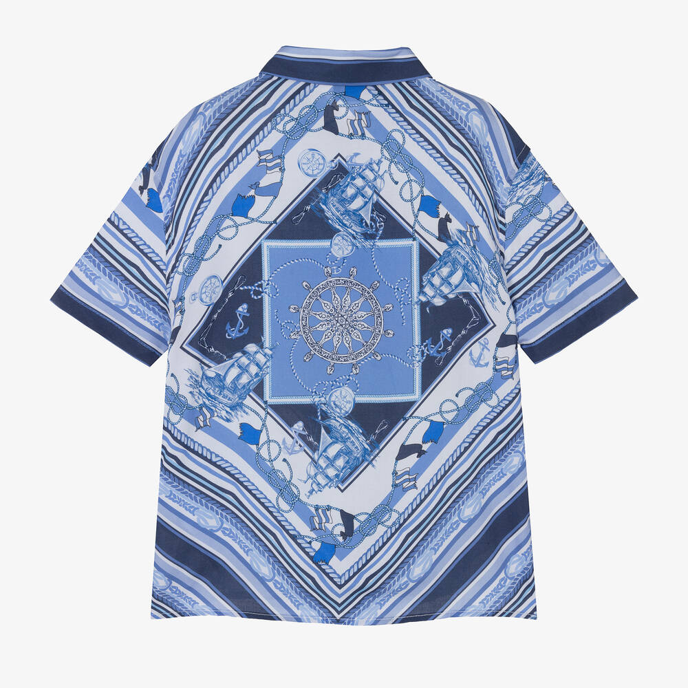 Monnalisa-Boys Blue Nautical Print Viscose Shirt | Childrensalon Outlet