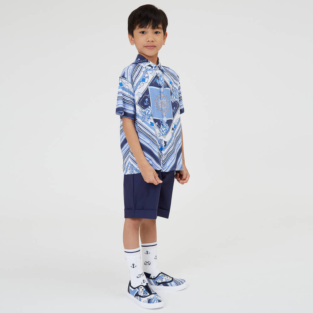 Monnalisa-Boys Blue Nautical Print Viscose Shirt | Childrensalon Outlet