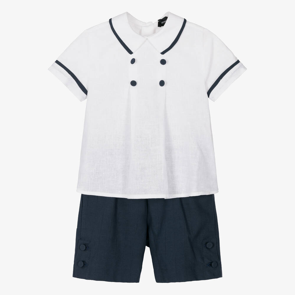 Monnalisa-Boys Blue & White Cotton & Linen Shorts Set | Childrensalon Outlet
