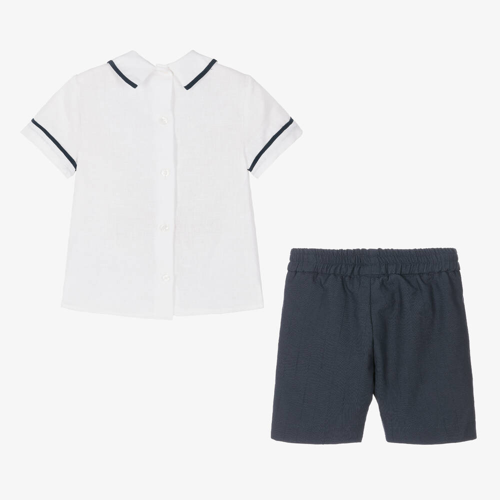 Monnalisa-طقم شورت أطفال ولادي قطن وكتان لون أبيض وكحلي | Childrensalon Outlet