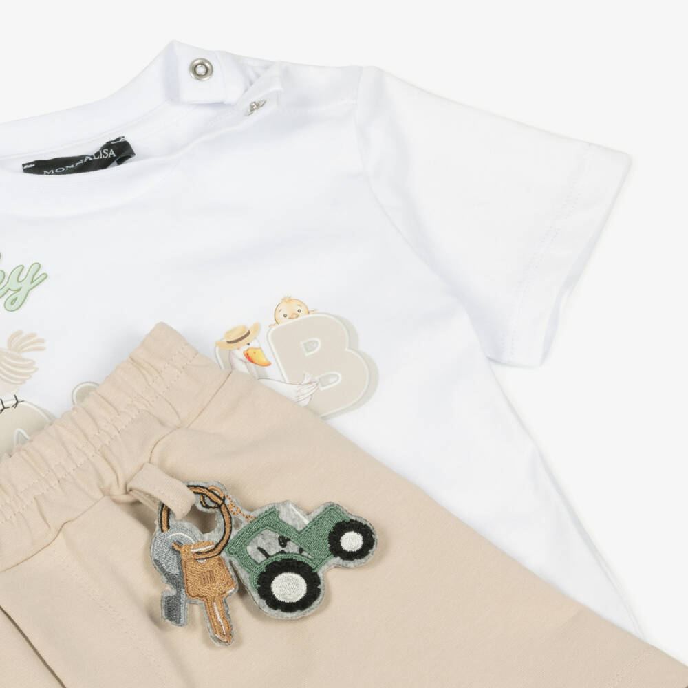Monnalisa-Boys Cotton Tan & Ivory Set | Childrensalon Outlet