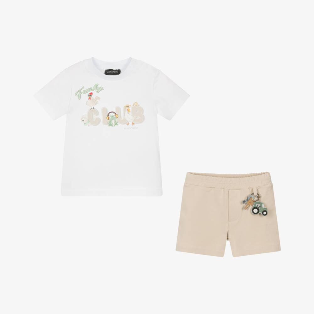 Monnalisa-Boys Cotton Tan & Ivory Set | Childrensalon Outlet