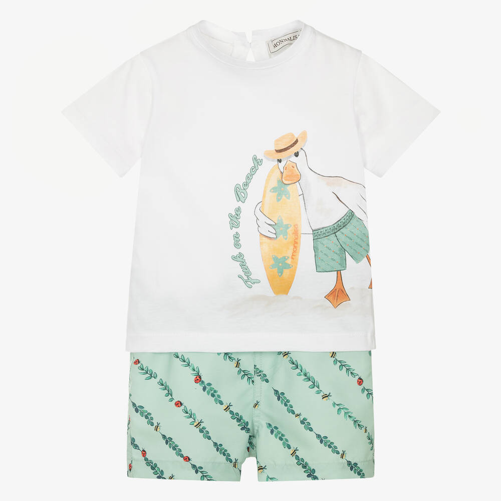 Monnalisa-Boys Green & White Swim Shorts Set | Childrensalon Outlet