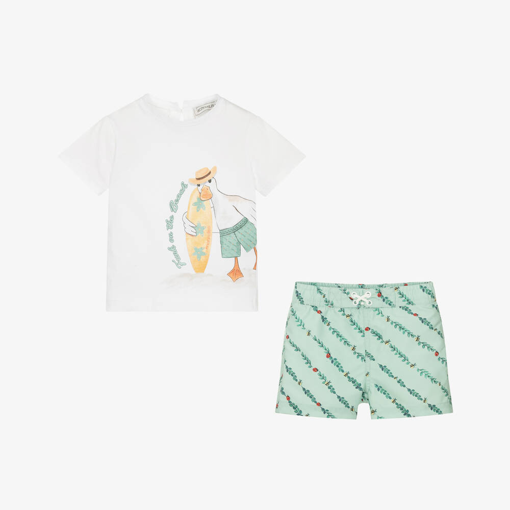 Monnalisa-Boys Green & White Swim Shorts Set | Childrensalon Outlet