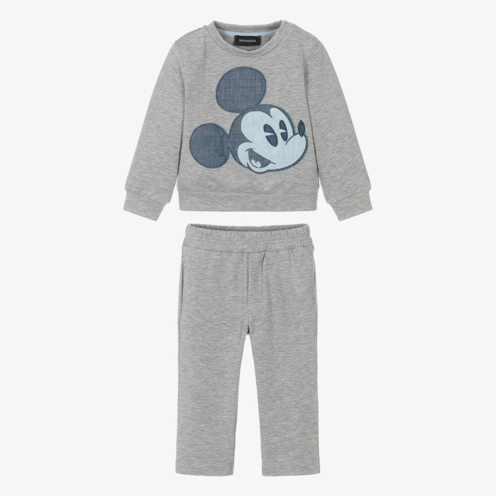 Monnalisa-Boys Grey Cotton Jersey Disney Tracksuit with Mickey Mouse | Childrensalon Outlet