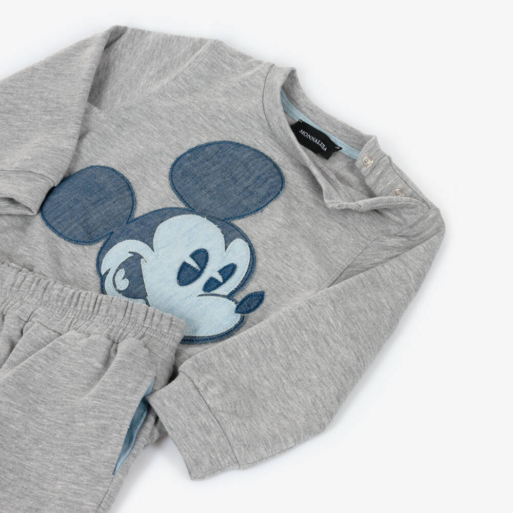 Monnalisa-Boys Grey Cotton Jersey Disney Tracksuit with Mickey Mouse | Childrensalon Outlet