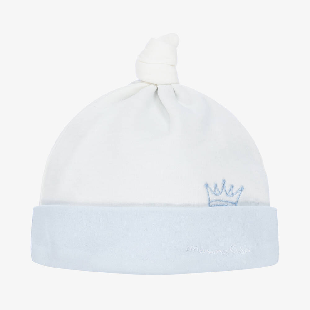 Monnalisa - قبعة قطن لون عاجي وأزرق فاتح للمواليد | Childrensalon