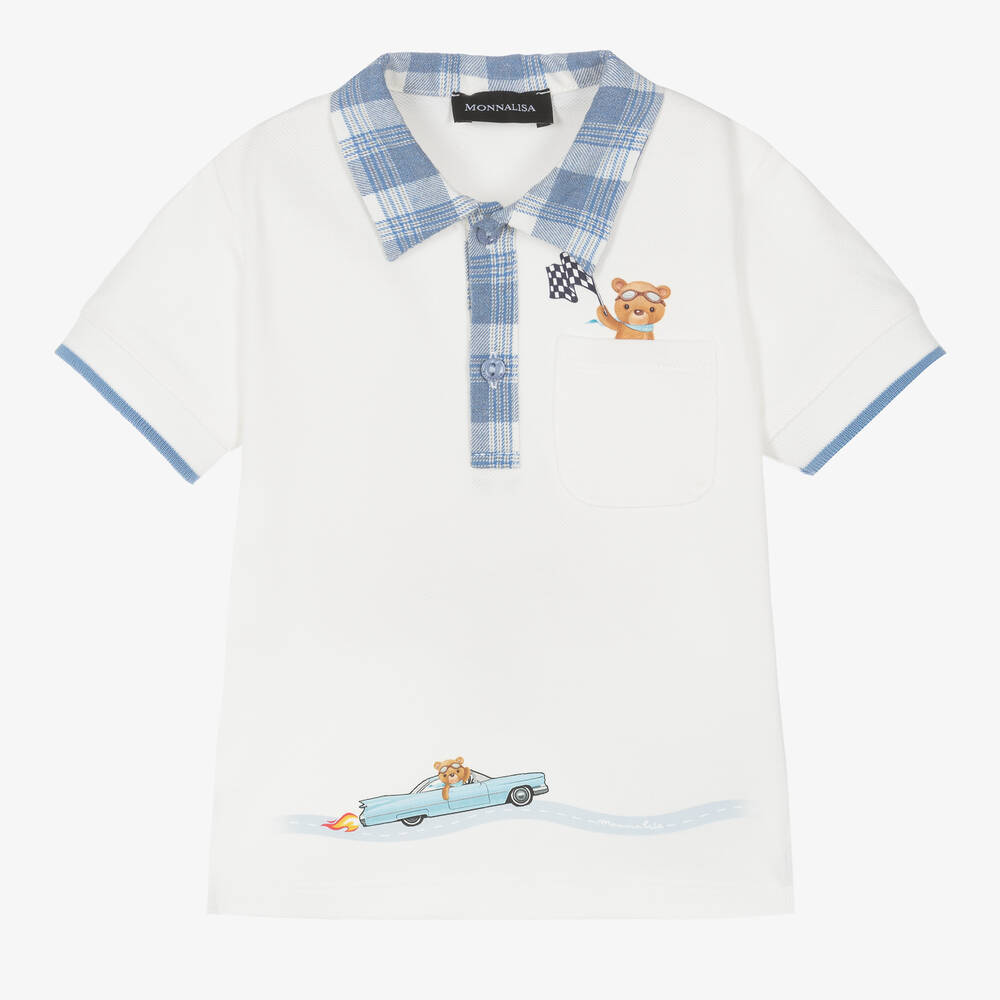 Monnalisa - Boys Ivory Cotton Piqué Bear Polo Shirt | Childrensalon