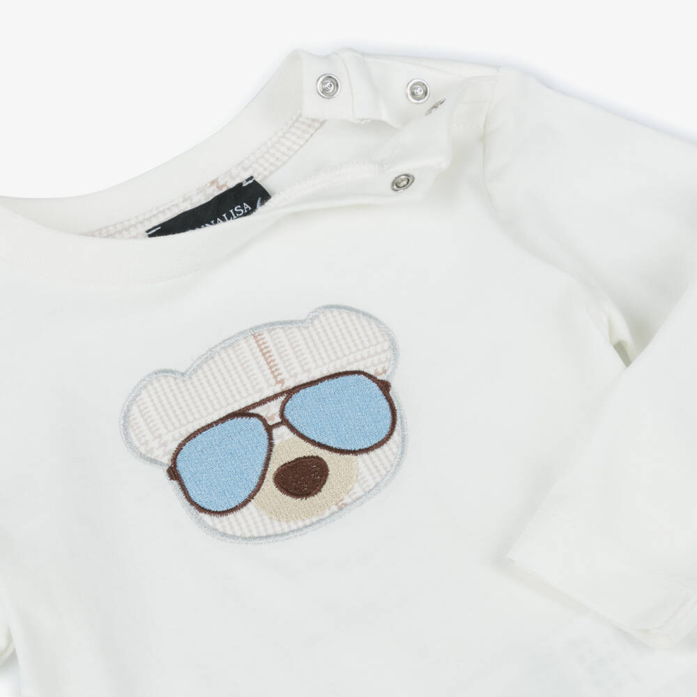 Monnalisa-Кремовый хлопковый топ с медведем для мальчиков | Childrensalon Outlet