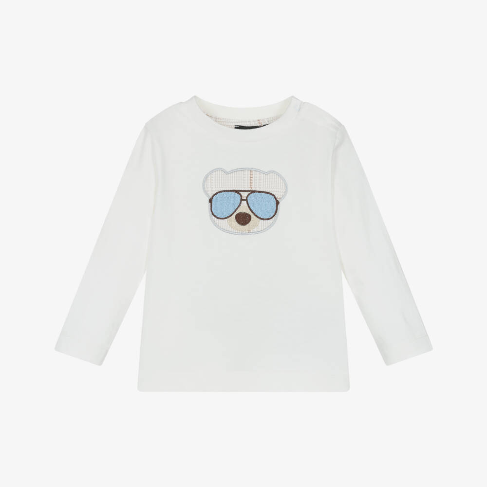 Monnalisa-Кремовый хлопковый топ с медведем для мальчиков | Childrensalon Outlet