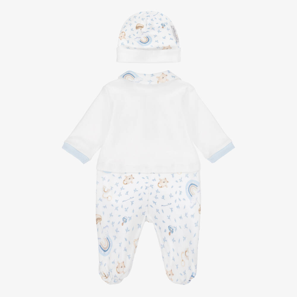 Monnalisa-Boys Ivory Cotton Teddy Rattle & Rainbow Print Babysuit Set | Childrensalon Outlet