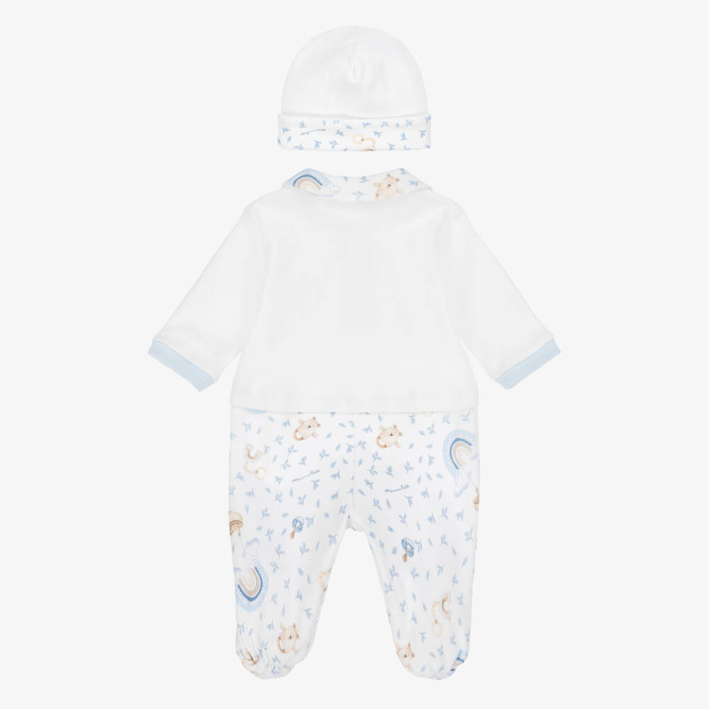 Monnalisa-Boys Ivory Cotton Teddy Rattle & Rainbow Print Babysuit Set | Childrensalon Outlet