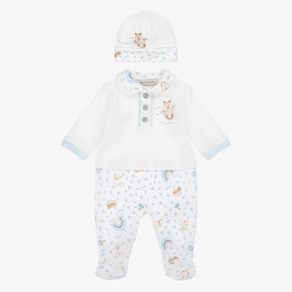 Monnalisa-Boys Ivory Cotton Teddy Rattle & Rainbow Print Babysuit Set | Childrensalon Outlet