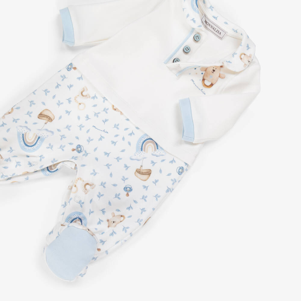 Monnalisa-Boys Ivory Cotton Teddy Rattle & Rainbow Print Babysuit Set | Childrensalon Outlet