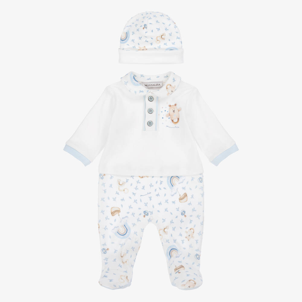 Monnalisa-Boys Ivory Cotton Teddy Rattle & Rainbow Print Babysuit Set | Childrensalon Outlet