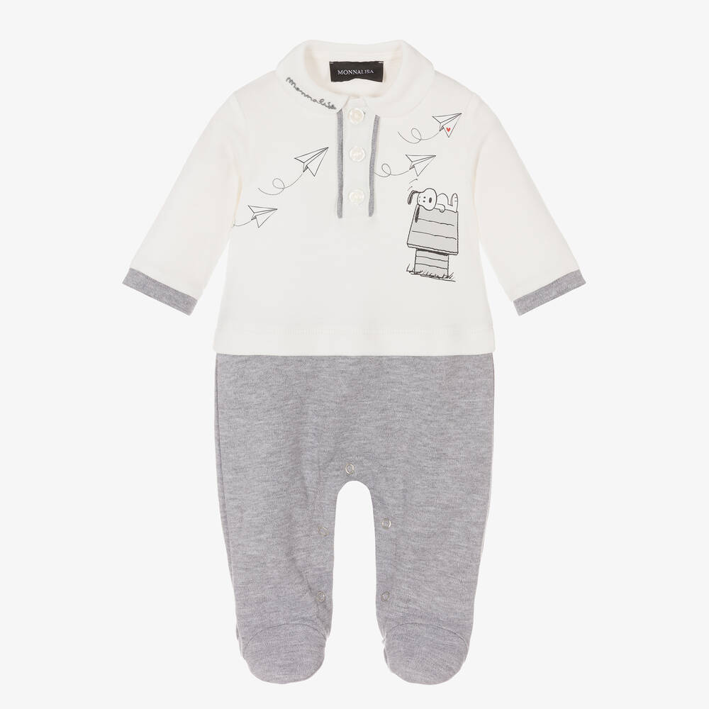 Monnalisa - Boys Ivory & Grey Cotton Peanuts Babygrow | Childrensalon