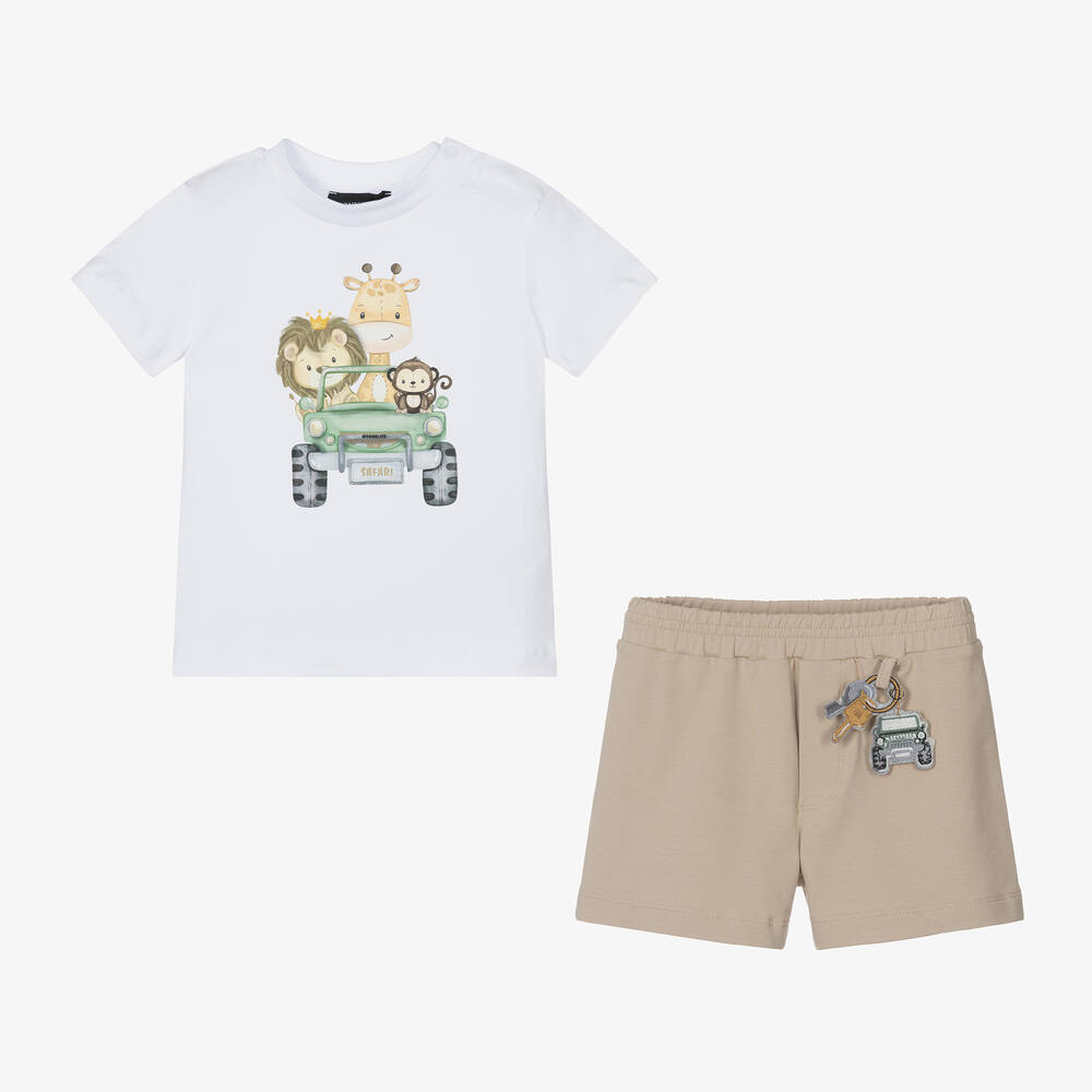 Monnalisa-Boys White & Beige Safari Shorts Set | Childrensalon Outlet