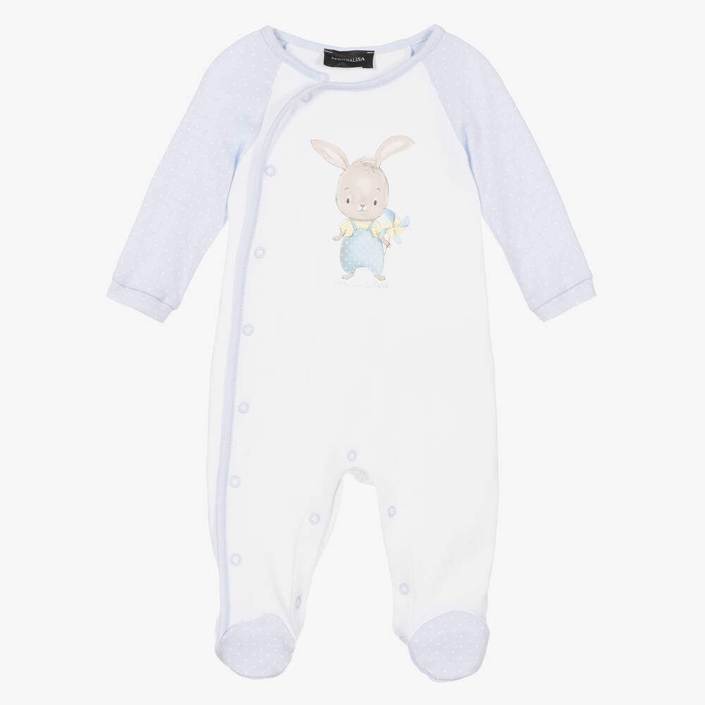 Monnalisa - Boys White & Blue Cotton Bunny Babygrow | Childrensalon