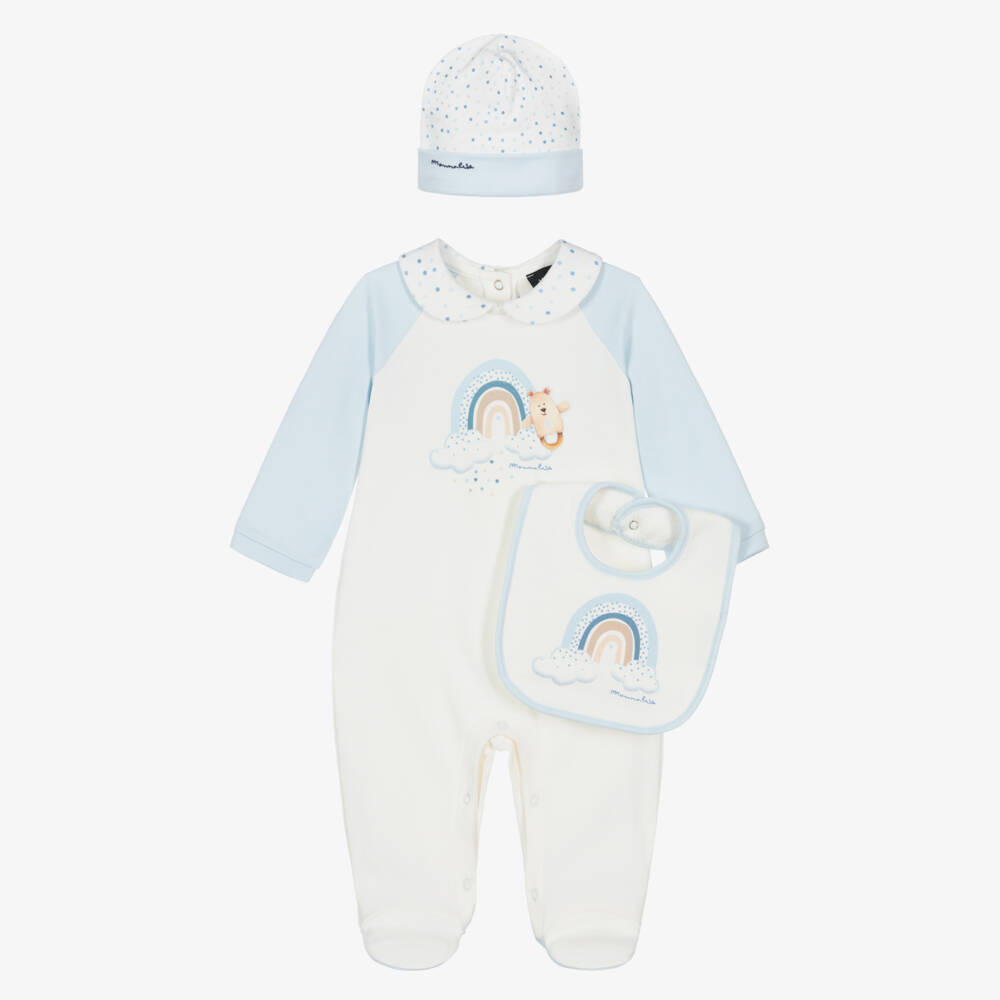 Monnalisa-Boys White & Blue Cotton Rainbow Bear Babysuit Set | Childrensalon Outlet