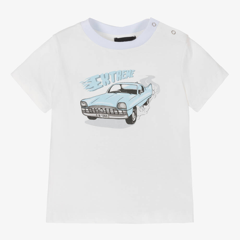 Monnalisa - Белая хлопковая футболка с машиной | Childrensalon