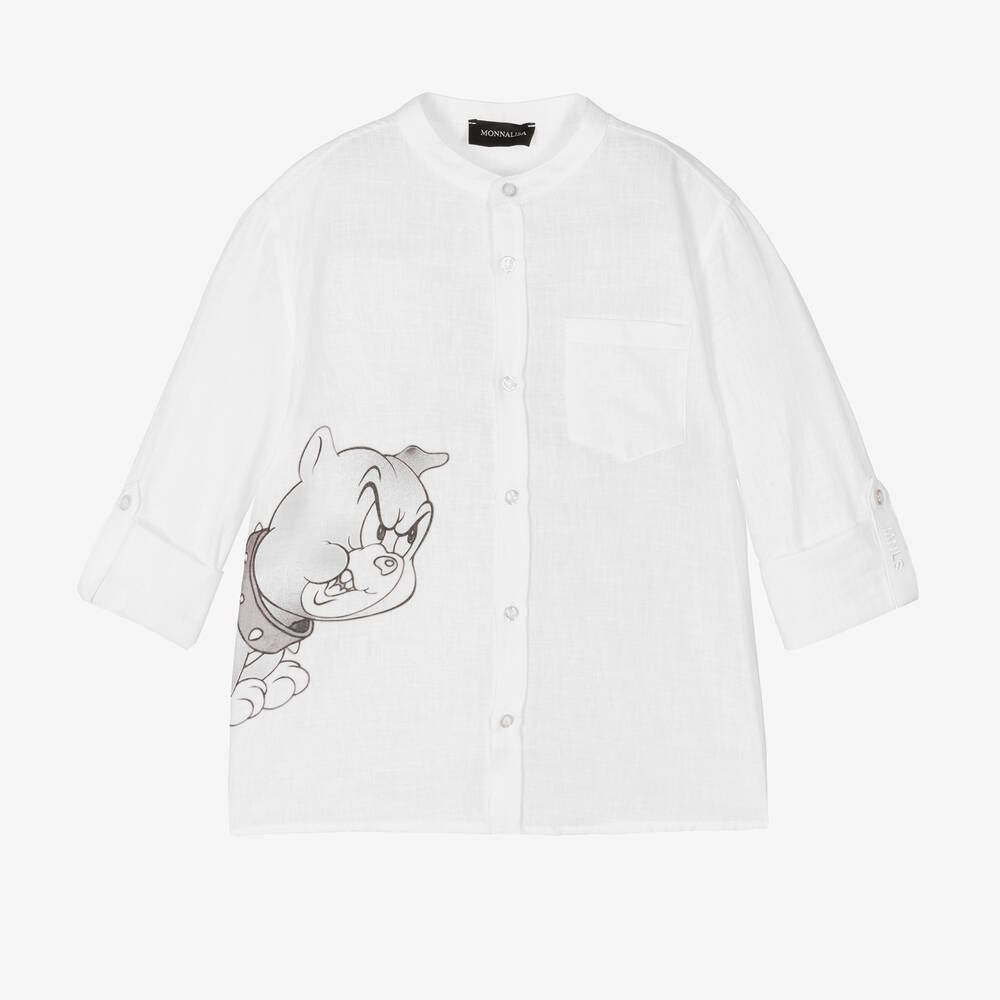 Monnalisa - قميص قطن وكتان لون أبيض للأولاد | Childrensalon