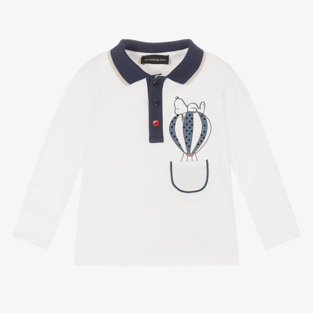 Monnalisa - Boys White Cotton Peanuts Polo Shirt | Childrensalon