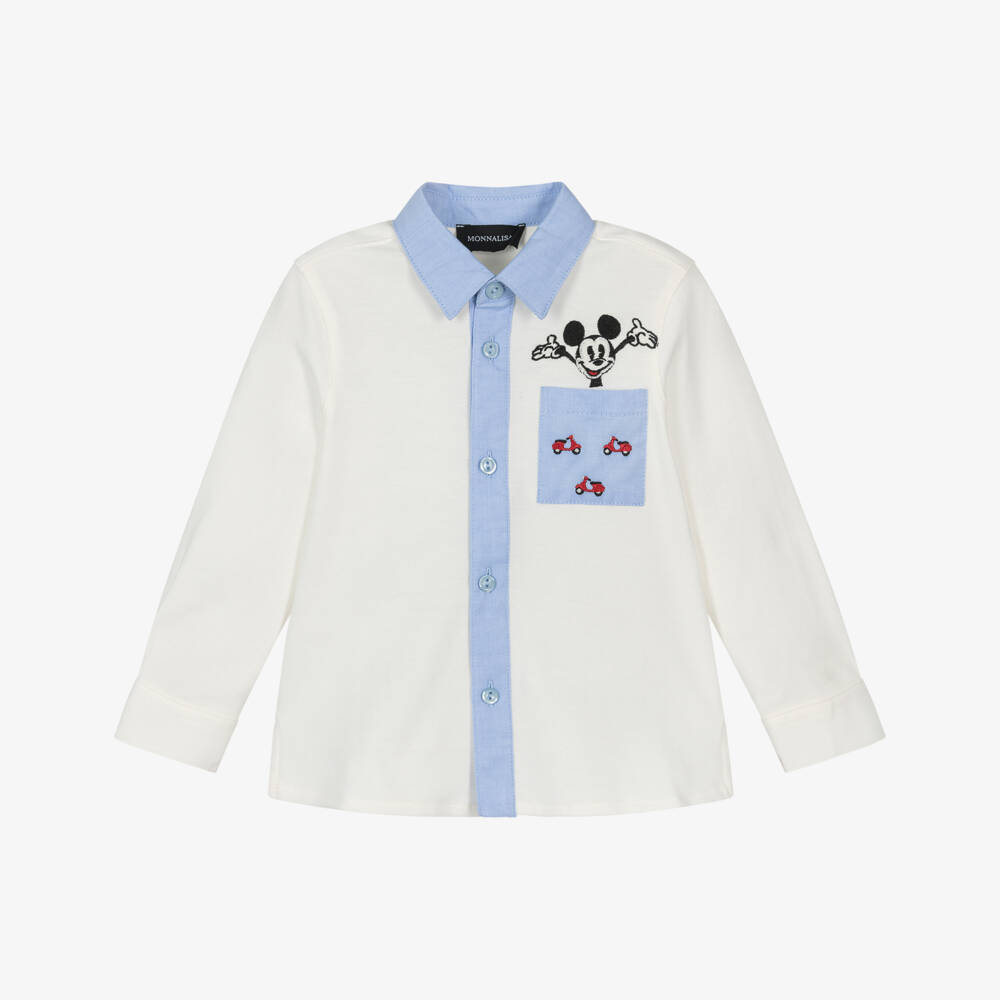 Monnalisa-Boys White Cotton Piqué Disney Shirt with Red Bow Tie | Childrensalon Outlet