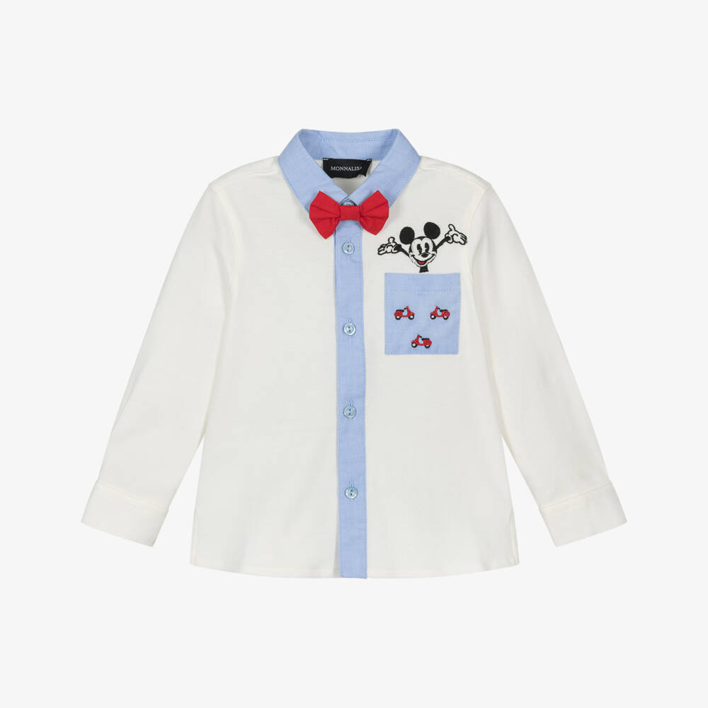 Monnalisa-Boys White Cotton PiquÃ© Disney Shirt with Red Bow Tie | Childrensalon Outlet