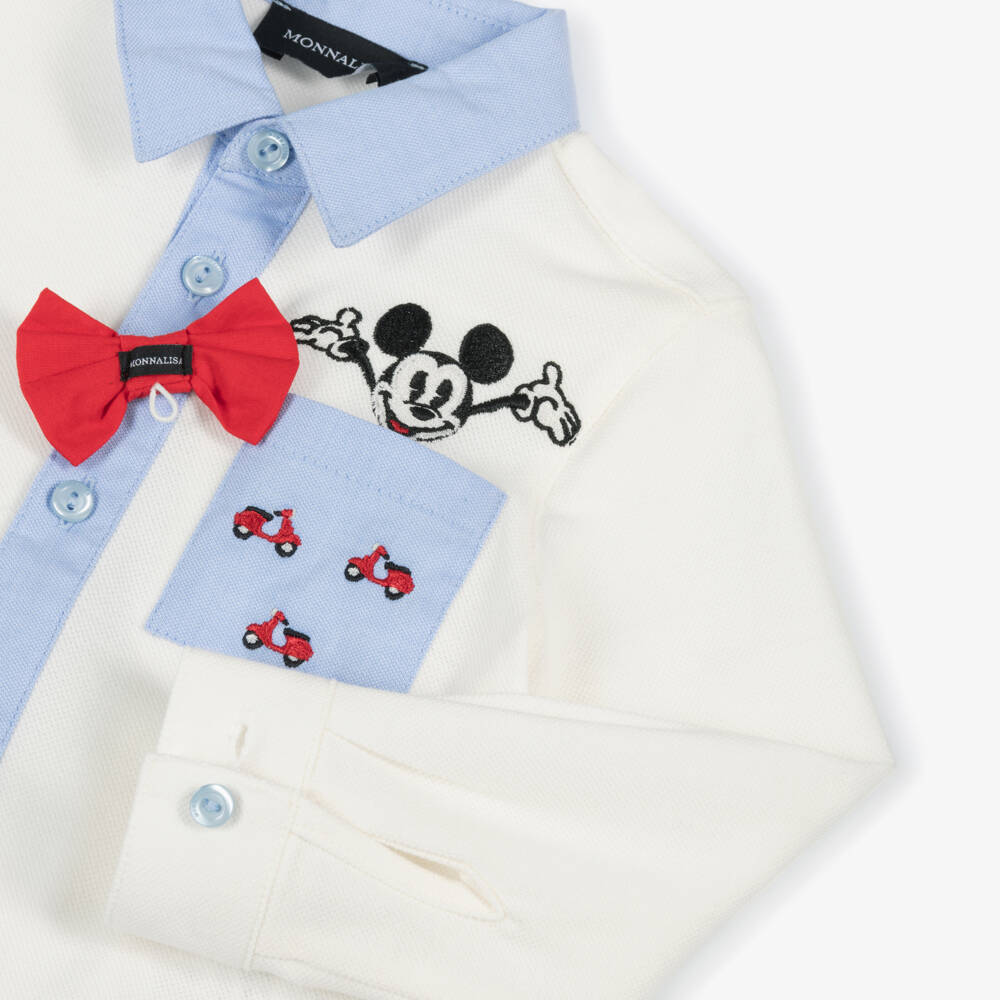 Monnalisa-Boys White Cotton Piqué Disney Shirt with Red Bow Tie | Childrensalon Outlet
