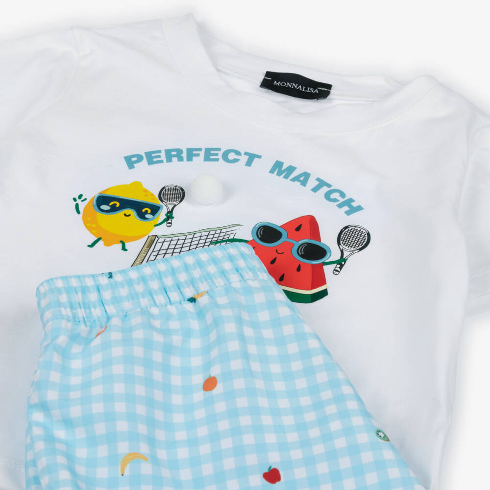 Monnalisa-Boys White Jersey Top & Blue Fruit Print Swim Shorts Set | Childrensalon Outlet