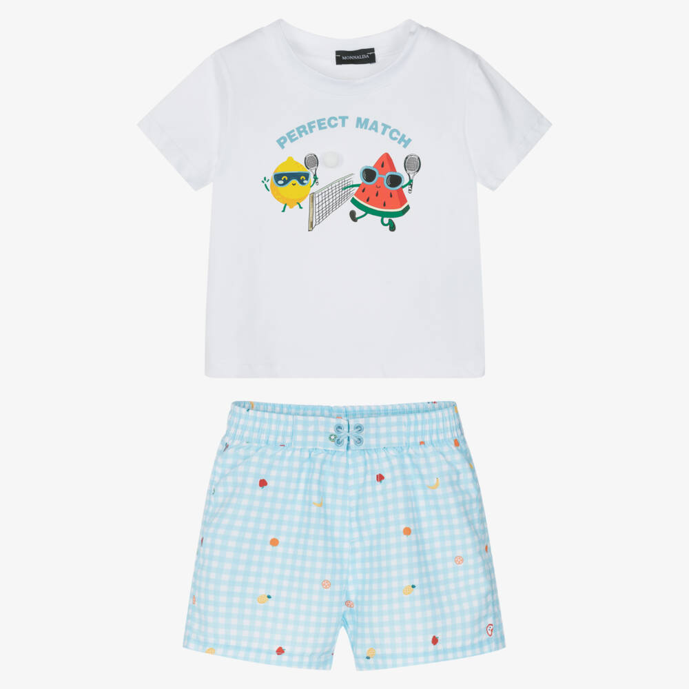 Monnalisa-Boys White Jersey Top & Blue Fruit Print Swim Shorts Set | Childrensalon Outlet