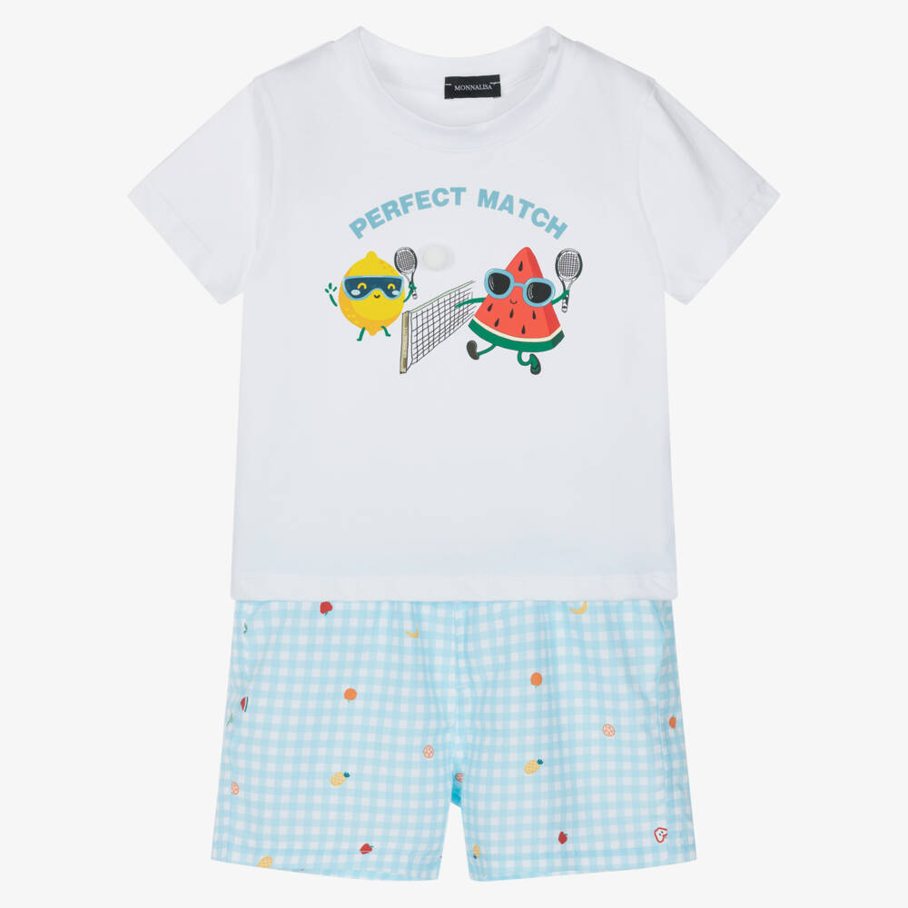 Monnalisa-Boys White Jersey Top & Blue Fruit Print Swim Shorts Set | Childrensalon Outlet