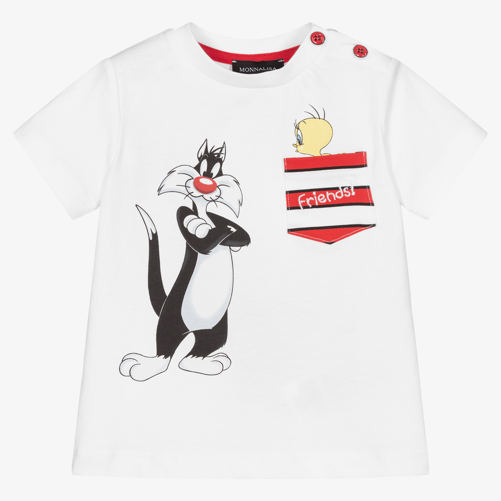 Monnalisa - Белая футболка с котом Сильвестром для мальчиков | Childrensalon