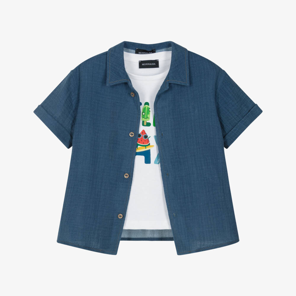 Monnalisa-Boys White T-Shirt & Blue Cotton Shirt Set | Childrensalon Outlet