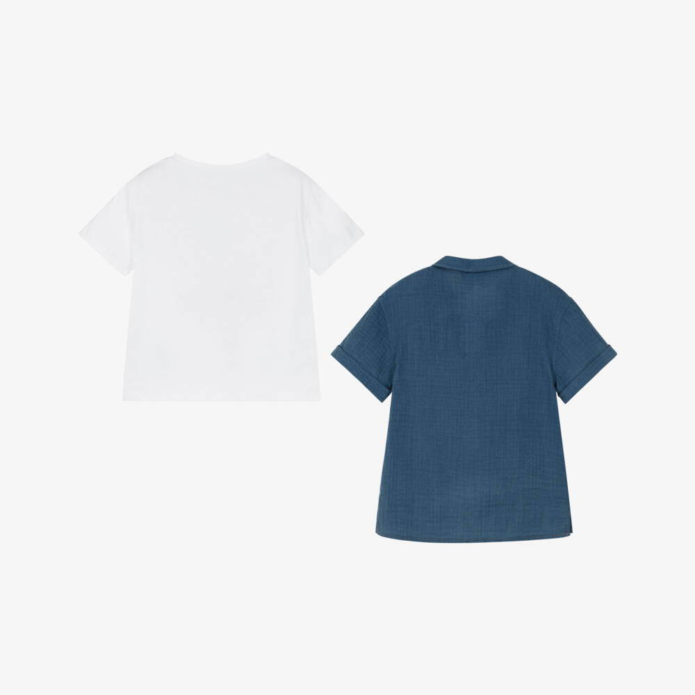 Monnalisa-Boys White T-Shirt & Blue Cotton Shirt Set | Childrensalon Outlet