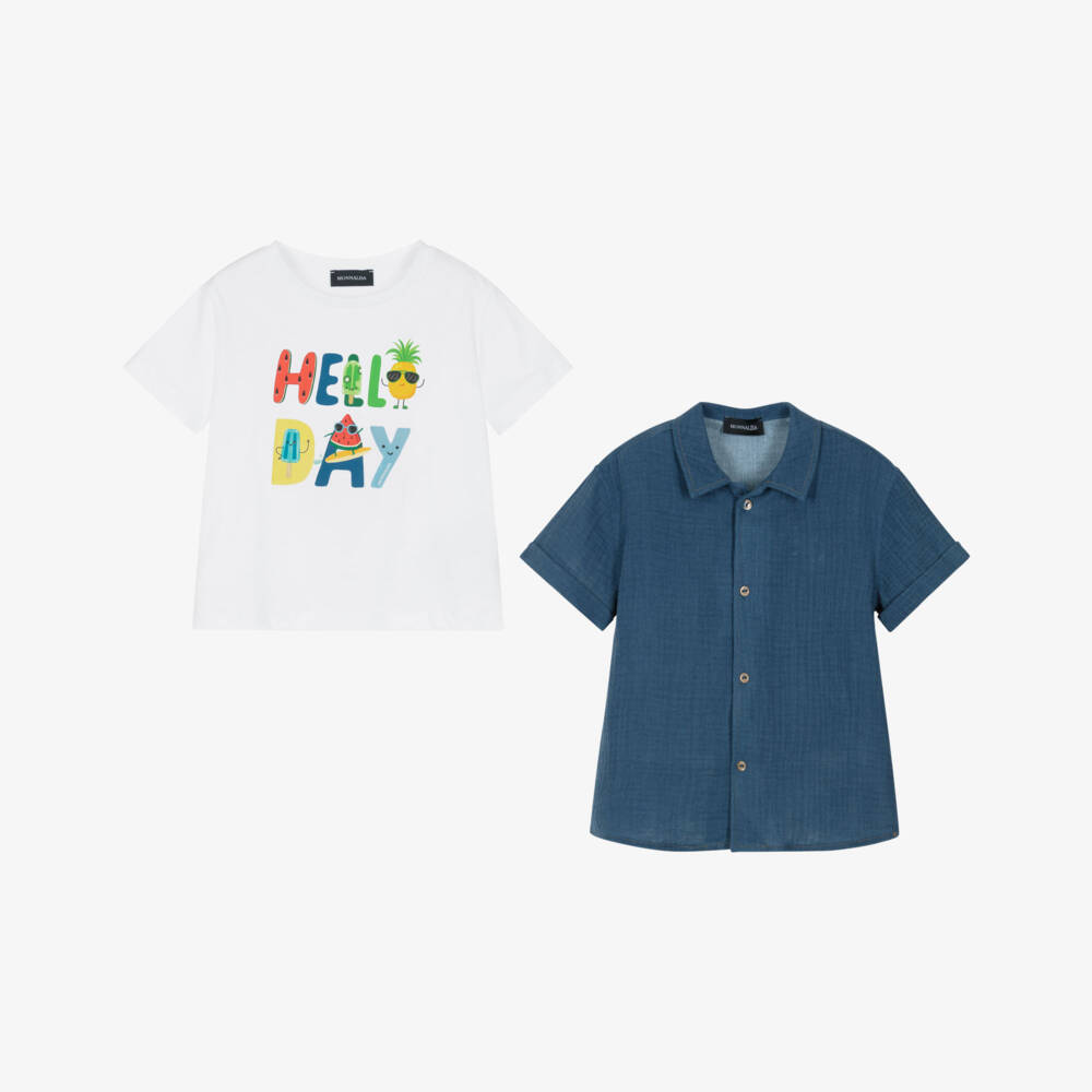 Monnalisa-Boys White T-Shirt & Blue Cotton Shirt Set | Childrensalon Outlet