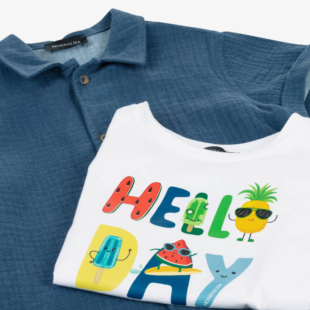 Monnalisa-Boys White T-Shirt & Blue Cotton Shirt Set | Childrensalon Outlet