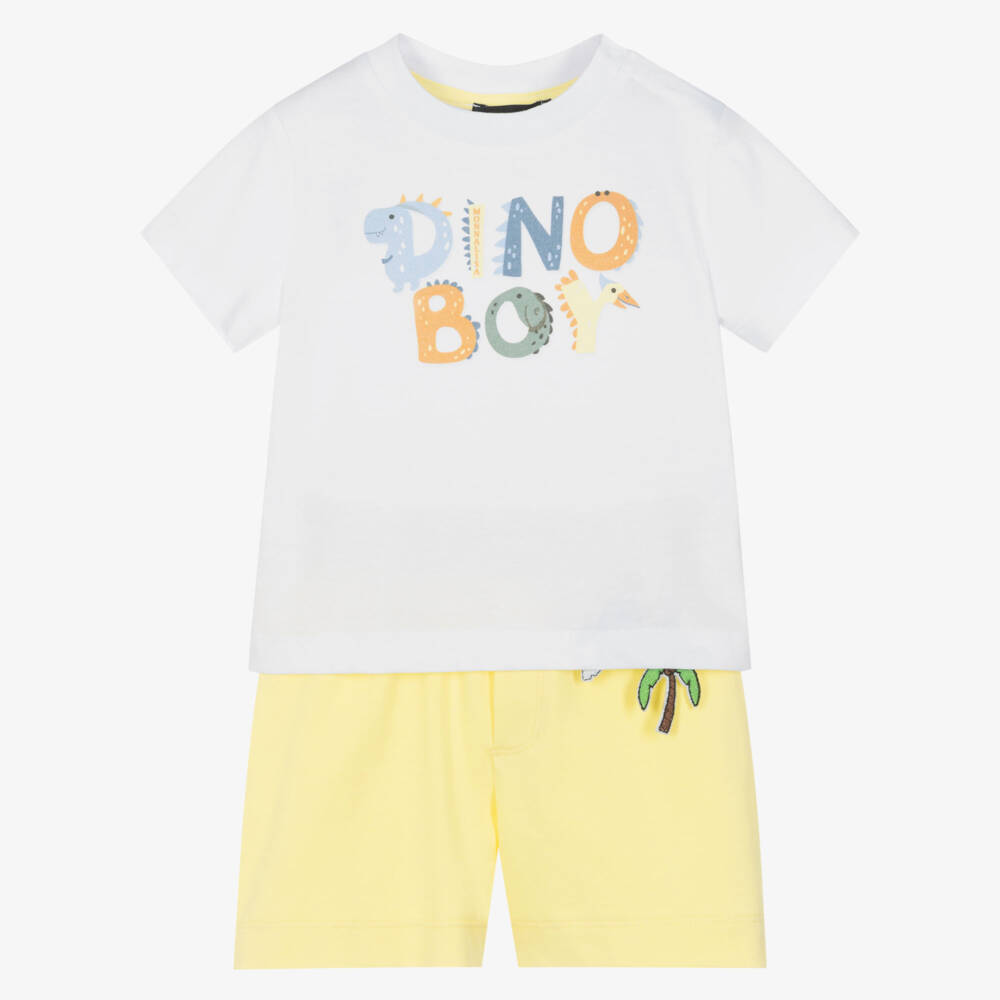 Monnalisa-Boys White & Yellow Cotton Dino Shorts Set | Childrensalon Outlet