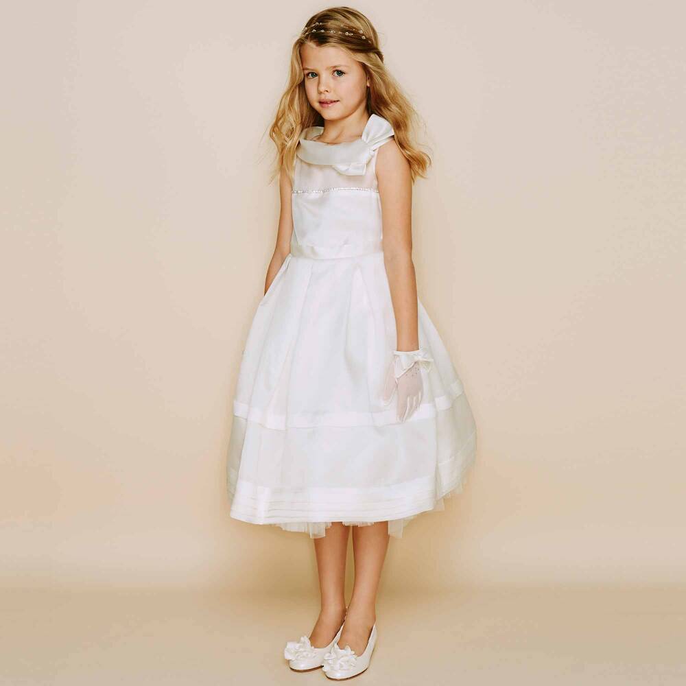 Monnalisa Chic-Couture Cream Satin Dress with Diamanté Trim | Childrensalon Outlet